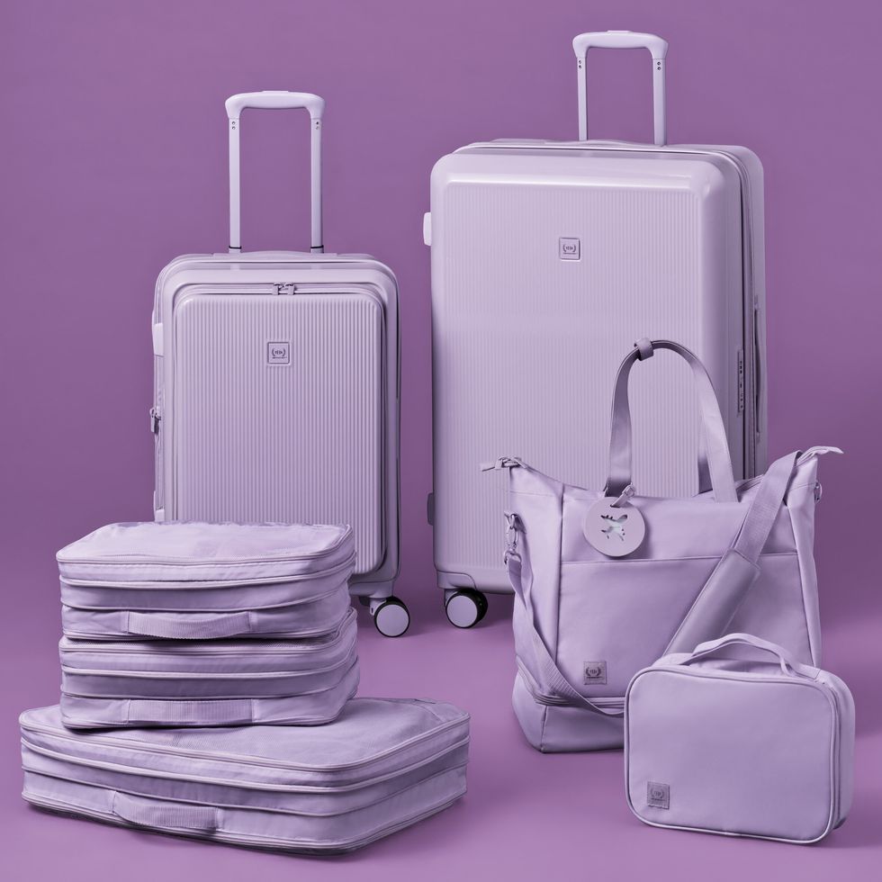 the home edit weekender bag, carry on suitcase, and three-piece packing cubes in lavender
