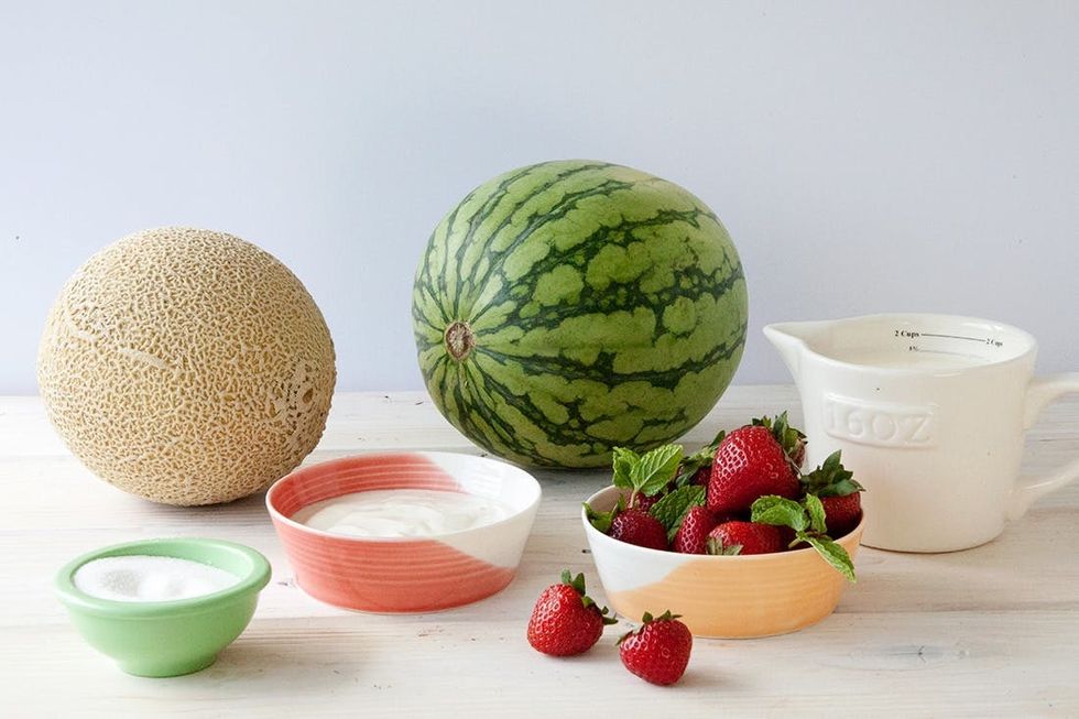 the ingredients for a watermelon and cantaloupe fruit cake