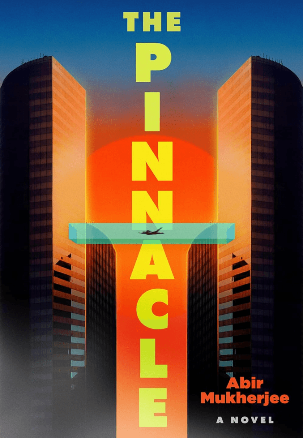 "The Pinnacle" book cover with skyscrapers, sunset, and an airplane silhouette.