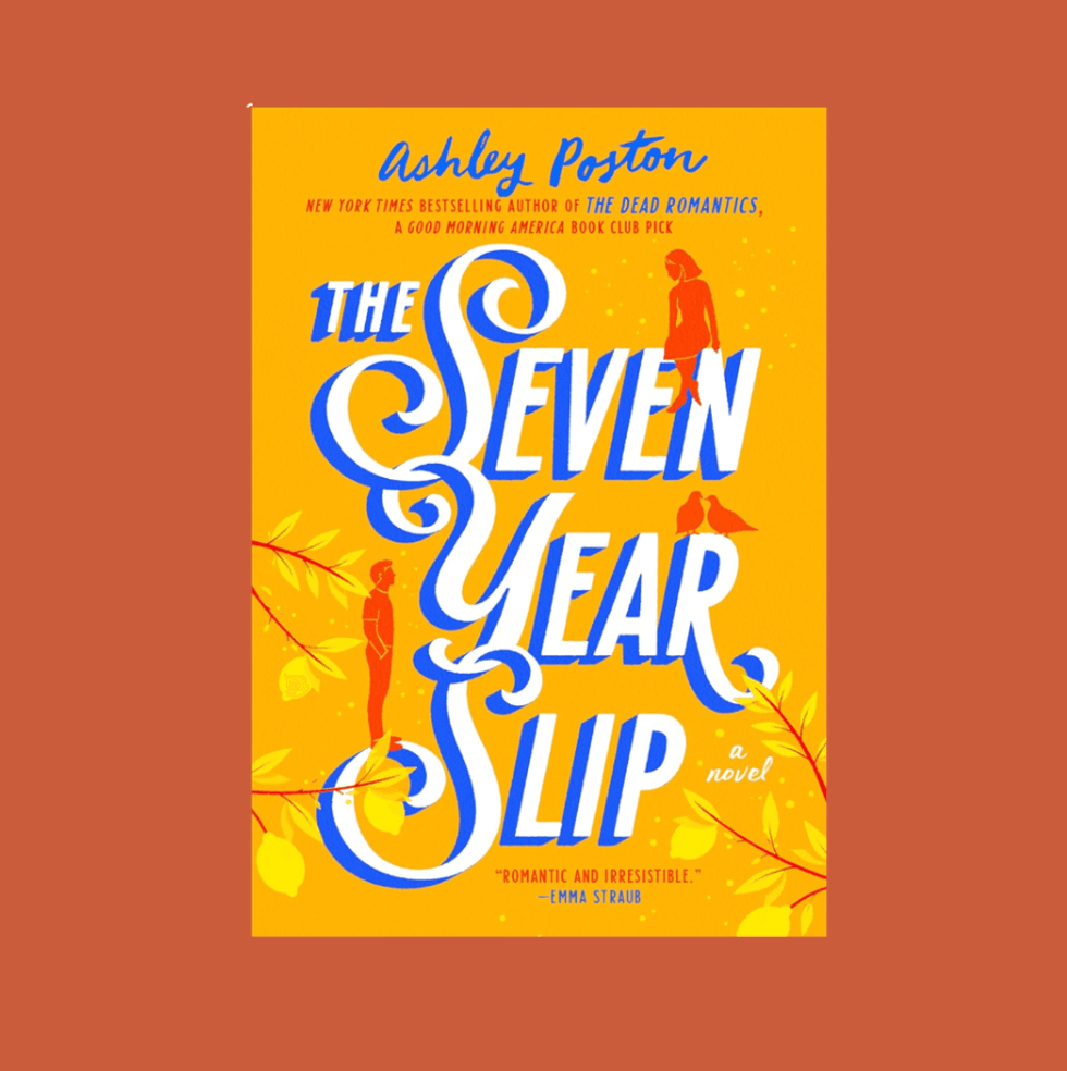 "The Seven Year Slip" book cover, orange with blue text and red silhouettes, by Ashley Poston.