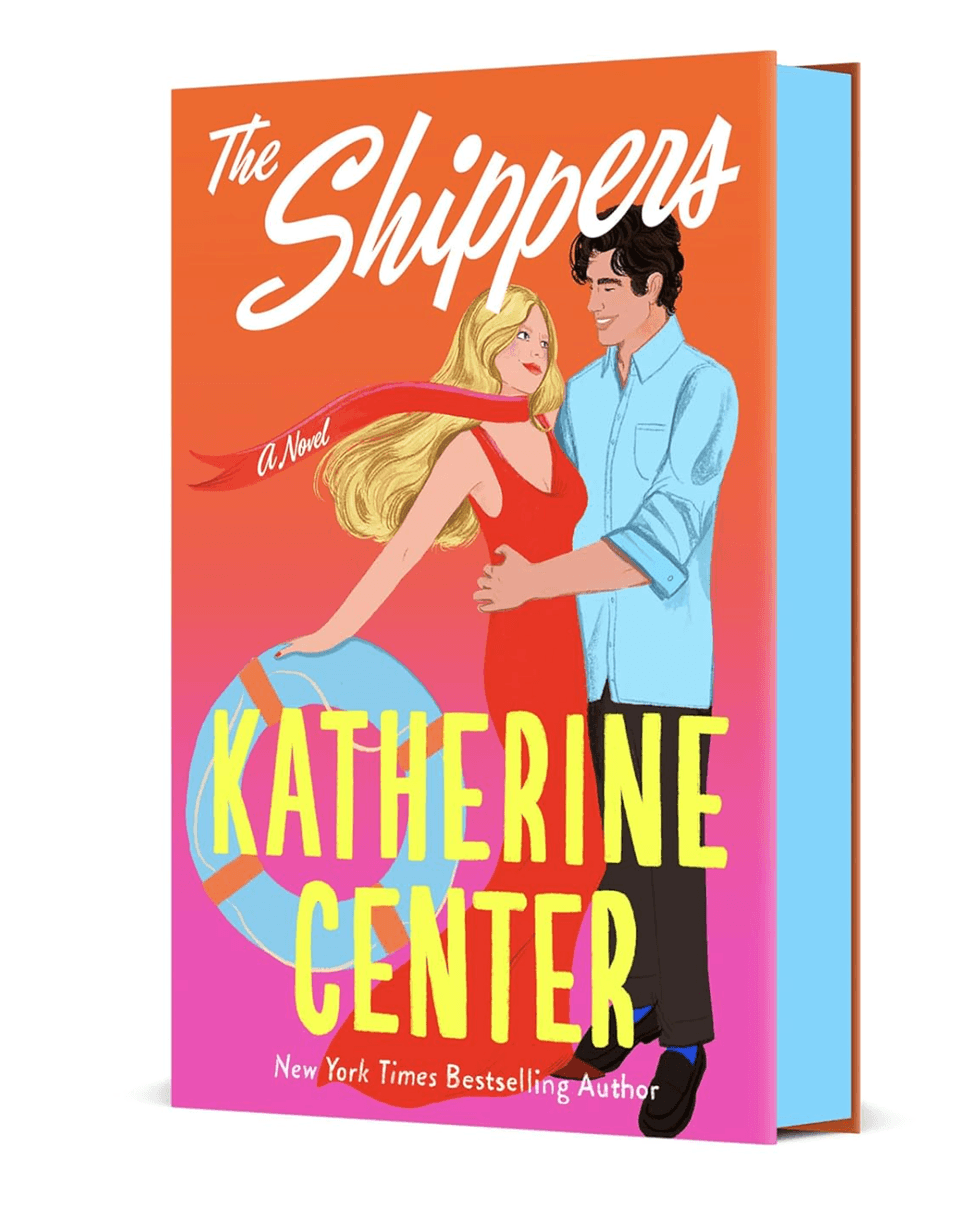 "The Shippers" book cover with a couple embracing, orange background.