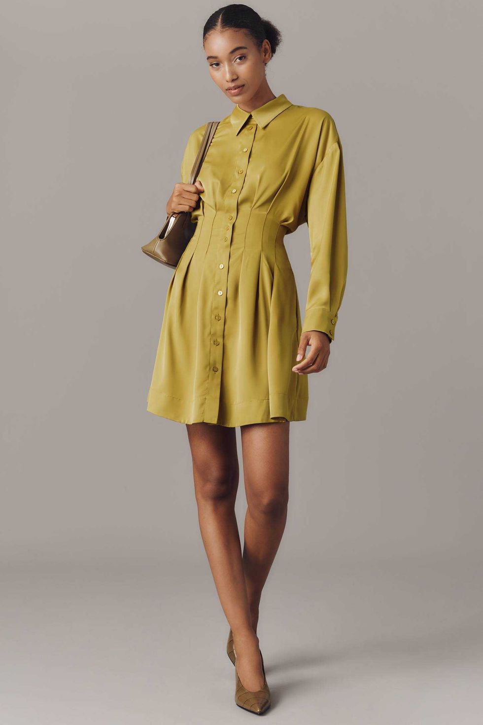 The Tobie Long-Sleeve Satin Mini Shirt Dress by Exquise