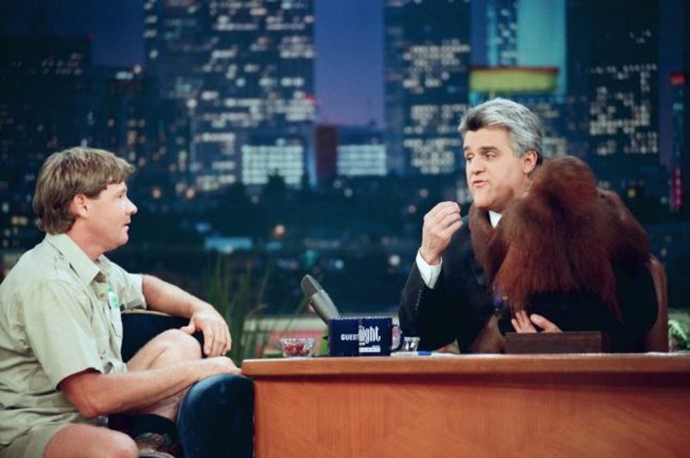 THE TONIGHT SHOW WITH JAY LENO -- Episode 1549 -- Pictured: (l-r) Zoologist Steve Irwin, host Jay Leno during an interview on February 18, 1999 -- (Photo by: Margaret Norton/NBC/NBCU Photo Bank via Getty Images)