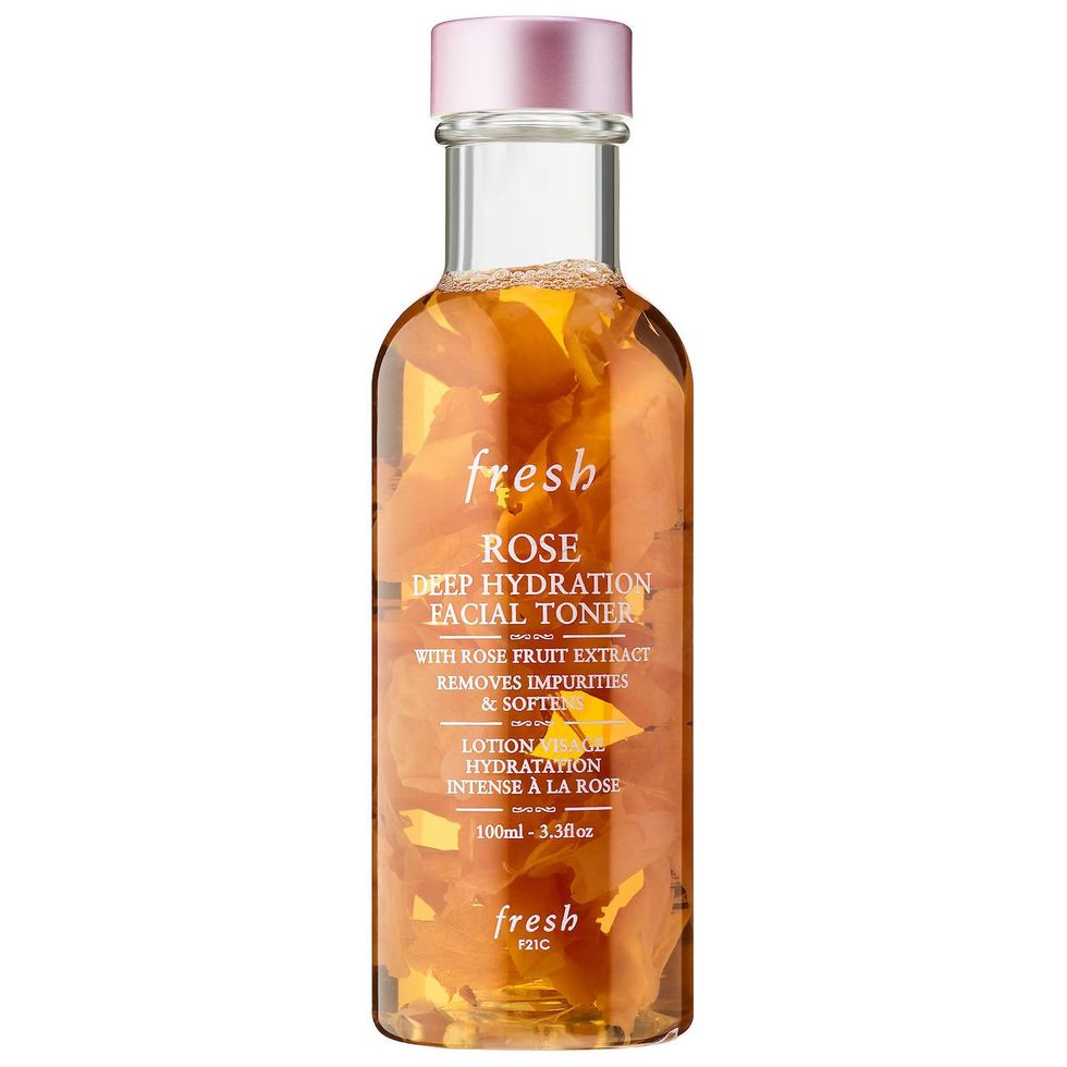 This clear bottle holds actual rose petals and makes for a great deep hydration toner.
