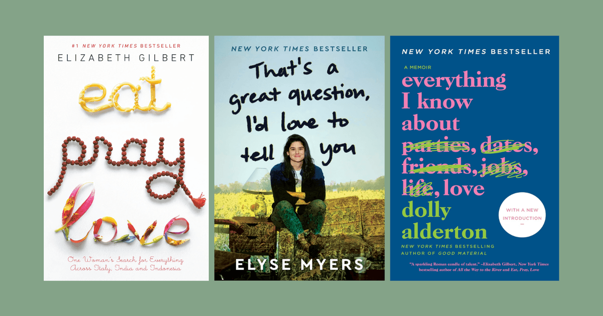 Three book covers: "Eat Pray Love," "That's a Great Question," "Everything I Know About Love."