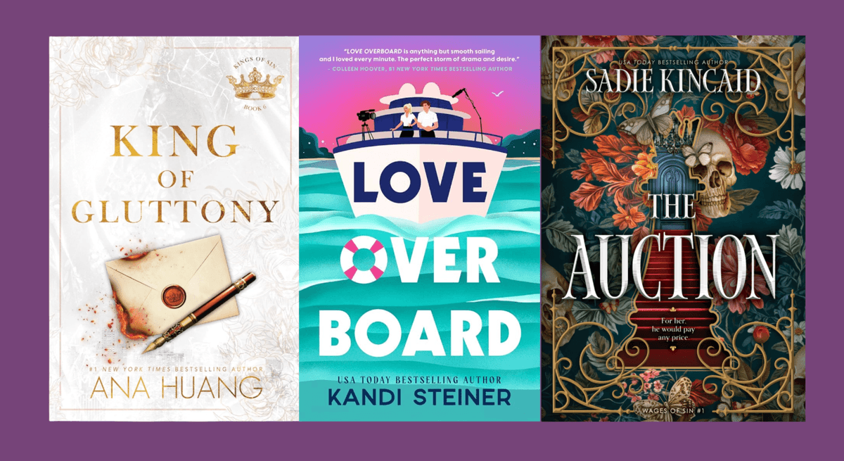 Three book covers: "King of Gluttony," "Love Overboard," "The Auction."