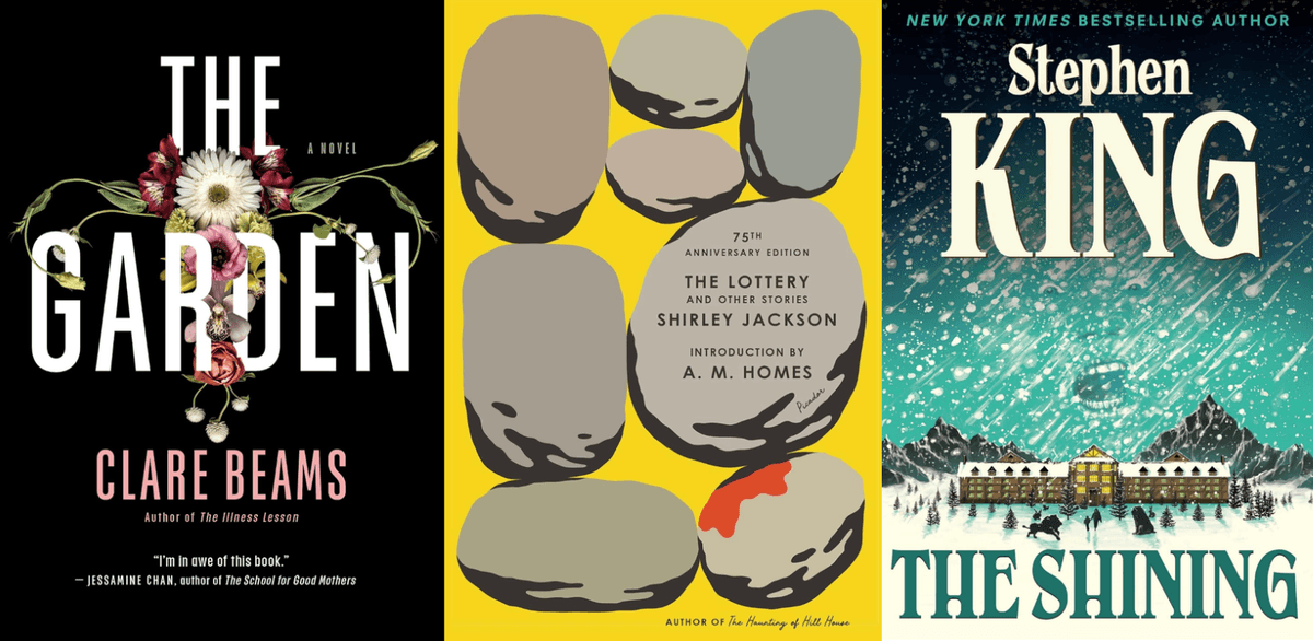 Three book covers: "The Garden," "The Lottery," and "The Shining."
