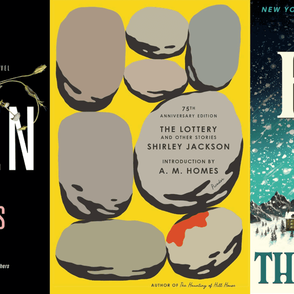 Three book covers: "The Garden," "The Lottery," and "The Shining."