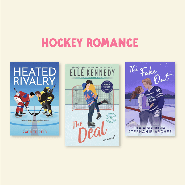 Three book covers titled "Heated Rivalry," "The Deal," and "The Fake Out."