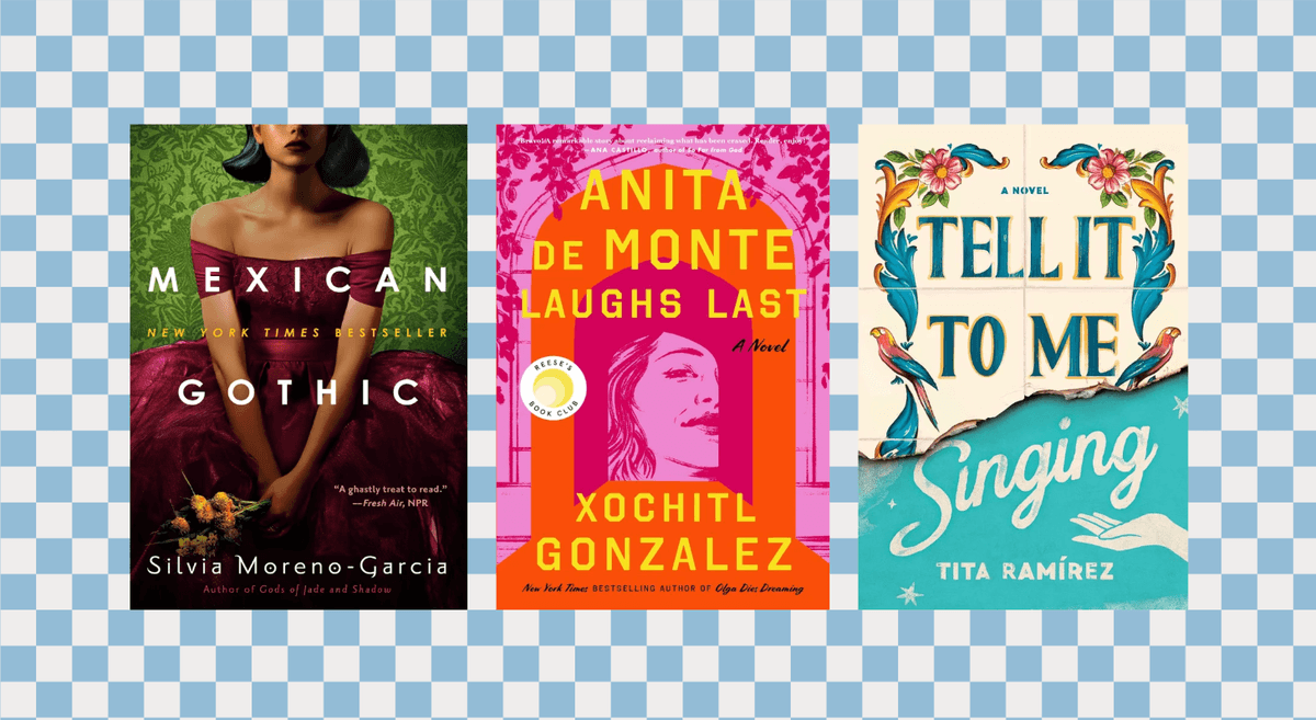 Three colorful book covers: "Mexican Gothic," "Anita de Monte Laughs Last," "Tell It to Me Singing."