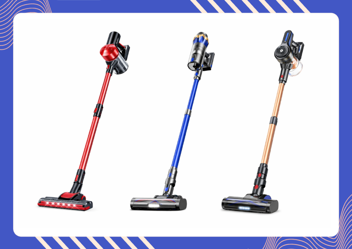 Three cord-free vacuum cleaners in red, blue, and gold on a white background with a blue border.