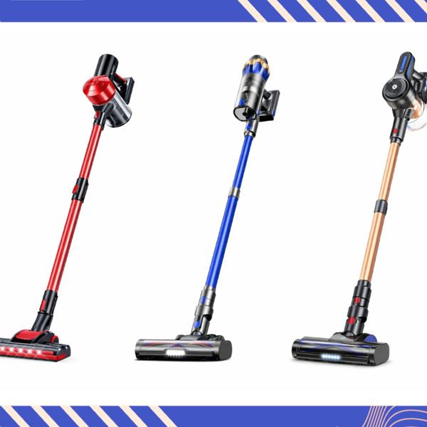 Three cord-free vacuum cleaners in red, blue, and gold on a white background with a blue border.