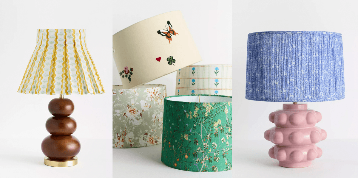 Three decorative lamps with unique bases and colorful patterned shades.