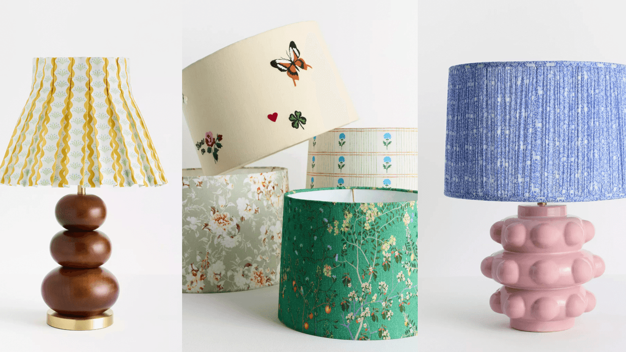 Three decorative lamps with unique bases and colorful patterned shades.