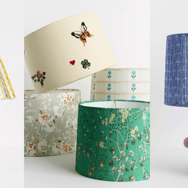 Three decorative lamps with unique bases and colorful patterned shades.