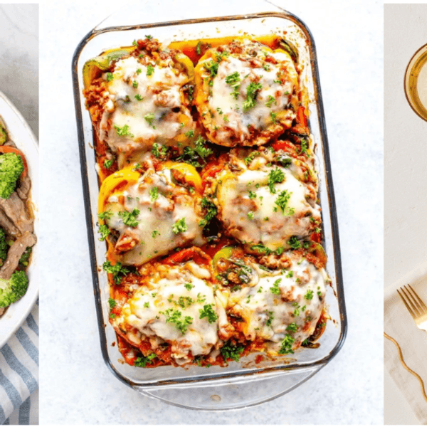 Three dishes: beef stir-fry, stuffed peppers, and salad with skewers on pink plates.