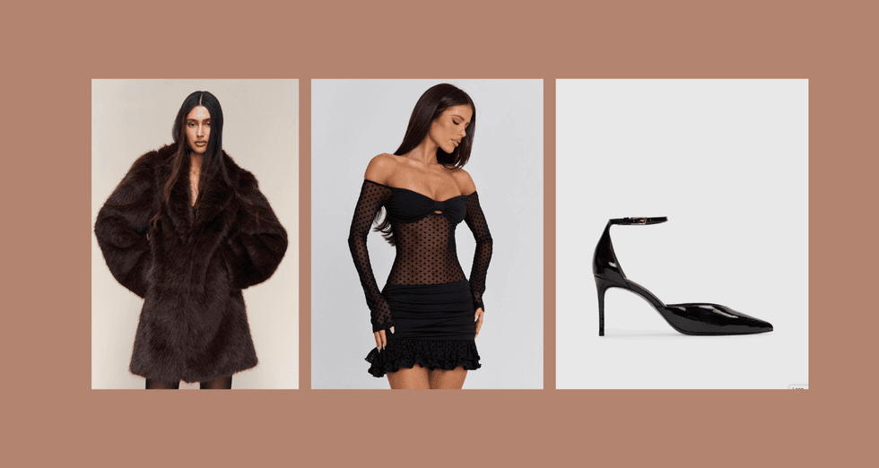 Three fashion items: a faux fur coat, a sheer polka dot dress, and a black patent leather heel.