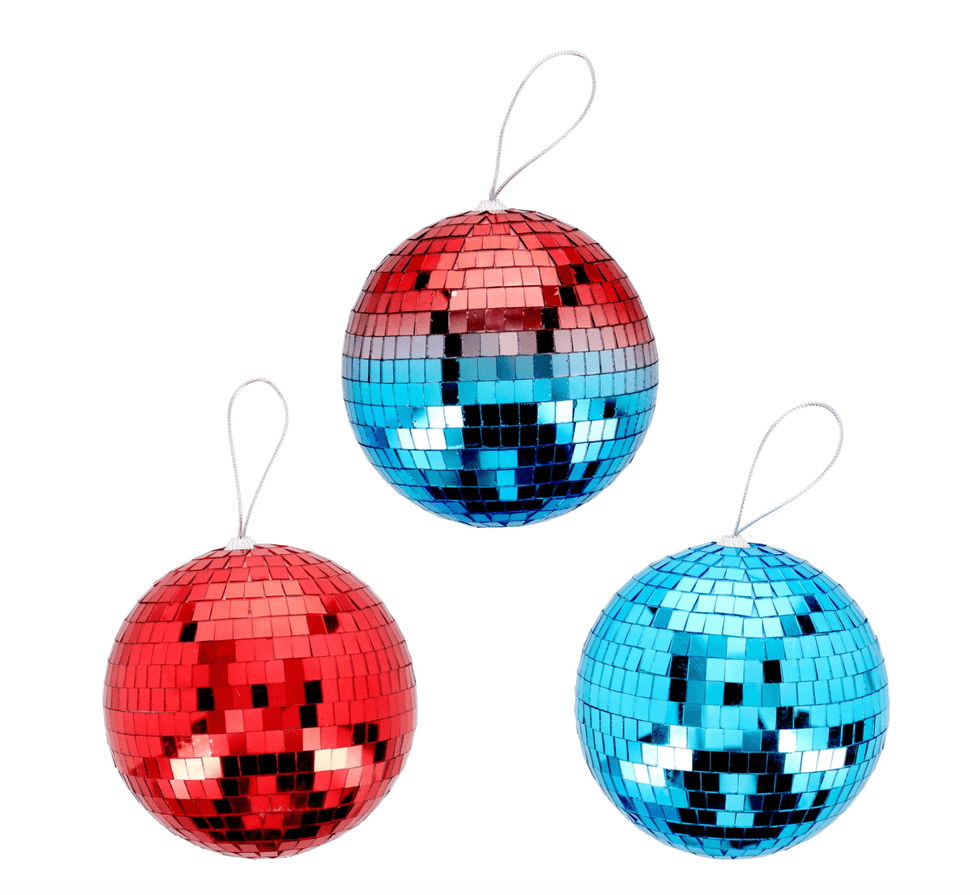 Three glittery red and blue disco ball ornaments with loops.