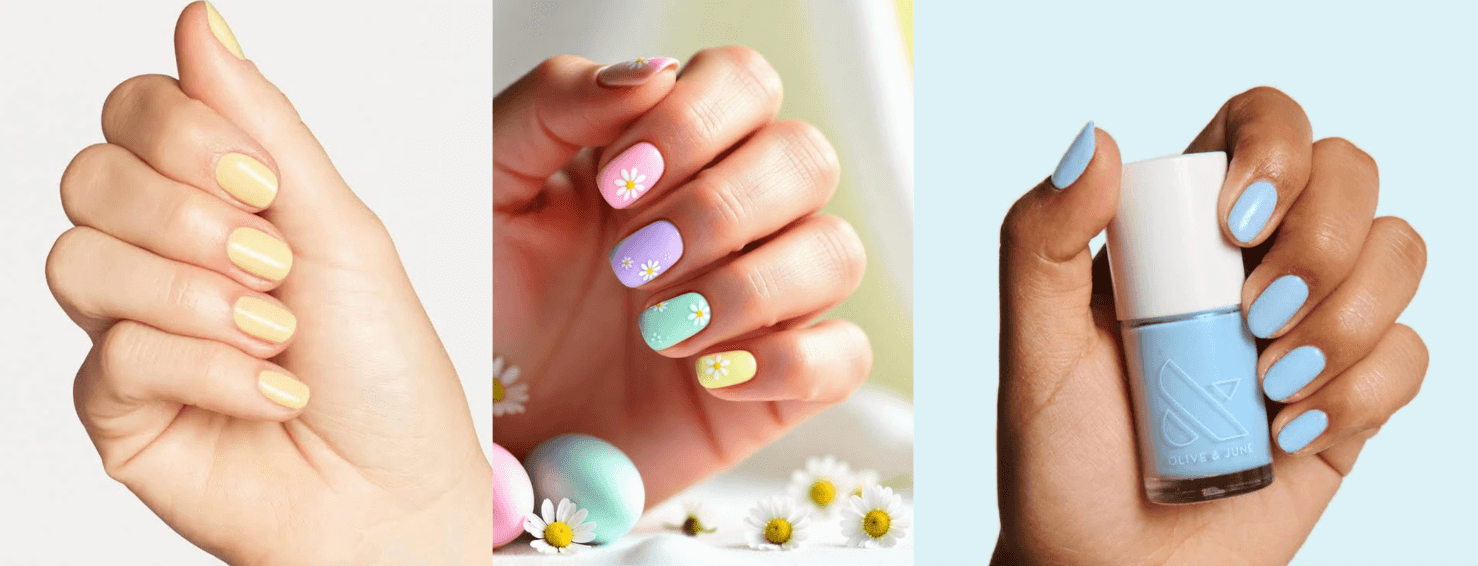 Three hands with pastel nails: yellow, floral pink/purple/green, and blue with matching polish.