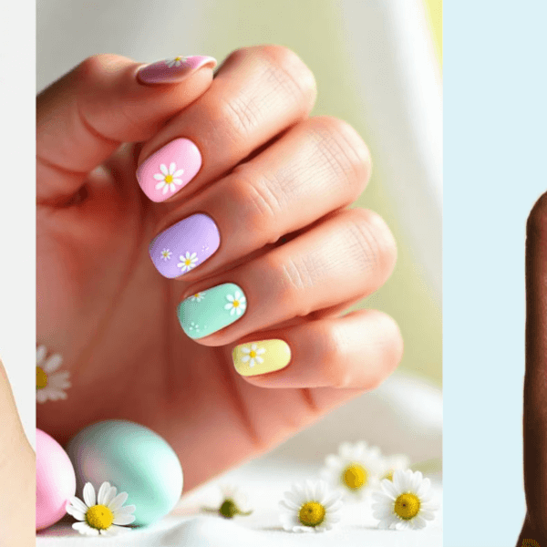 Three hands with pastel nails: yellow, floral pink/purple/green, and blue with matching polish.