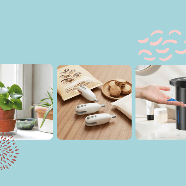 Three-image collage: potted plant, kitchen gadgets, automatic soap dispenser.