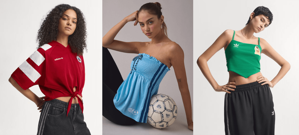 Three models in sporty Adidas outfits with soccer motifs, posing confidently.