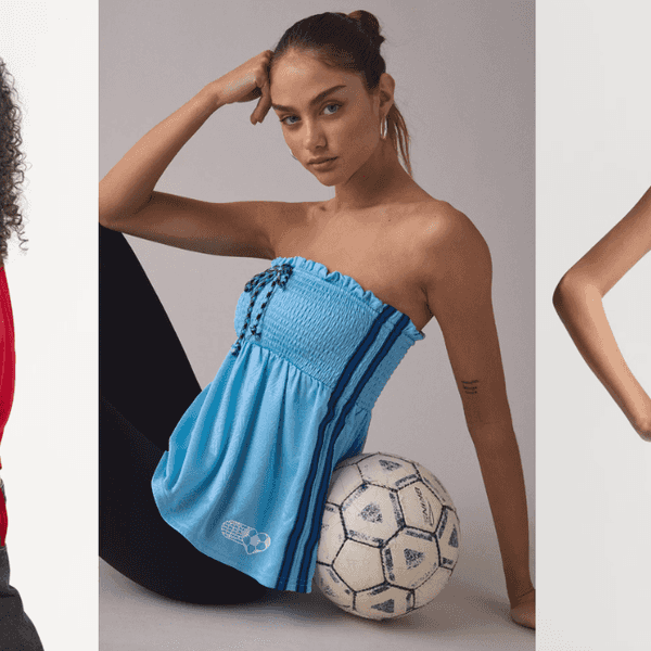 Three models in sporty Adidas outfits with soccer motifs, posing confidently.