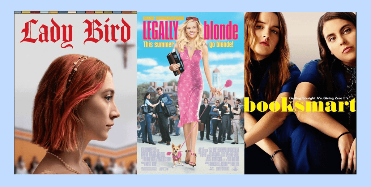 Three movie posters: Lady Bird, Legally Blonde, and Booksmart.