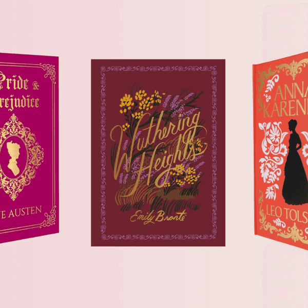Three ornate classic novels: Pride and Prejudice, Wuthering Heights, Anna Karenina.