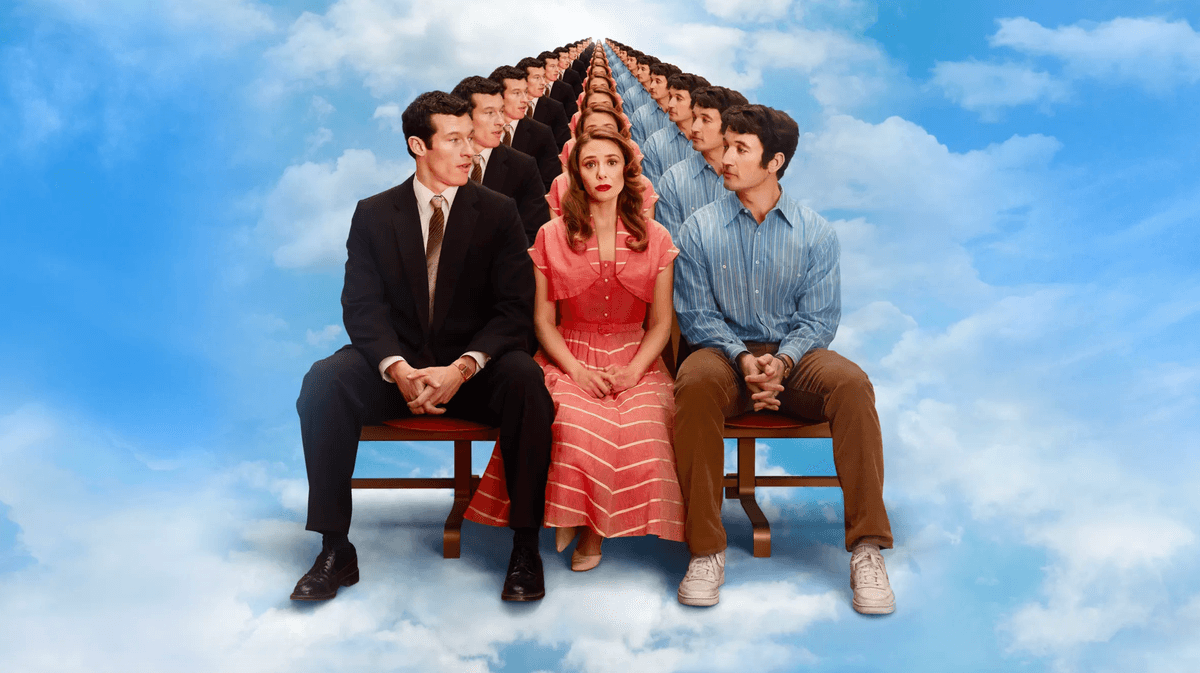 Three people in retro clothing sit on a bench, repeated infinitely against a cloudy sky.