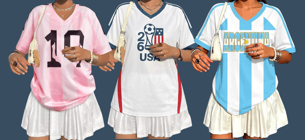 Three people in sporty tops and white skirts, each with different team-themed designs.
