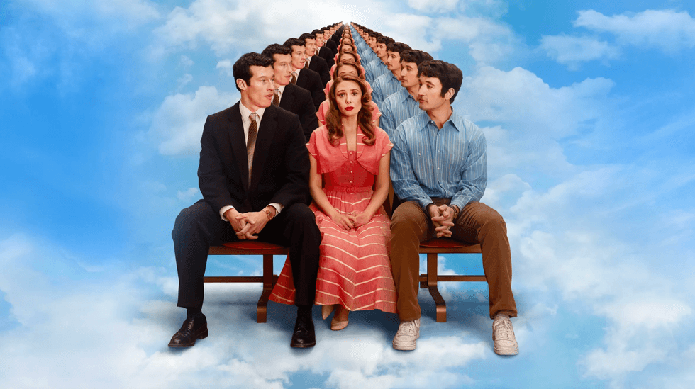 Three people sitting on chairs, repeated infinitely in a cloud-filled sky.