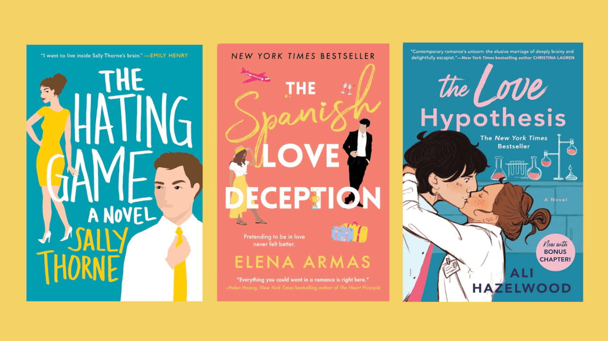 Three romance book covers: "The Hating Game," "The Spanish Love Deception," "The Love Hypothesis."