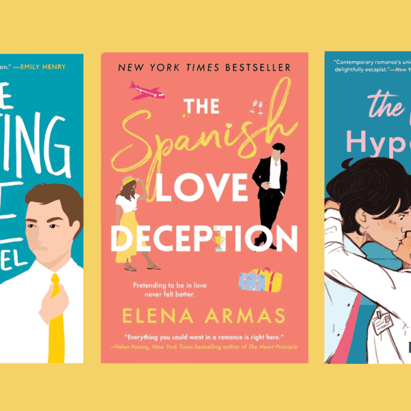 Three romance book covers: "The Hating Game," "The Spanish Love Deception," "The Love Hypothesis."