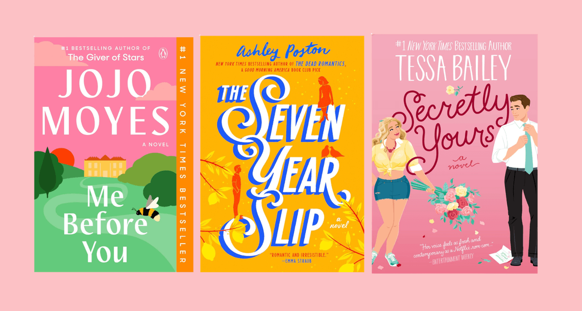 Three romance novel covers: "Me Before You," "The Seven Year Slip," and "Secretly Yours."