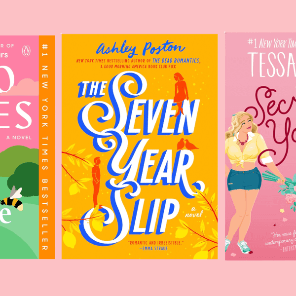 Three romance novel covers: "Me Before You," "The Seven Year Slip," and "Secretly Yours."