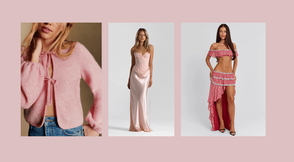 Three women in pink outfits: fuzzy cardigan, elegant gown, and checkered ruffled ensemble.