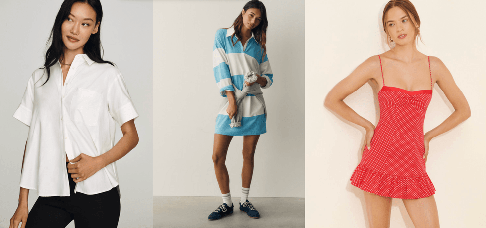 Three women model a white shirt, striped dress, and red polka dot sundress, respectively.
