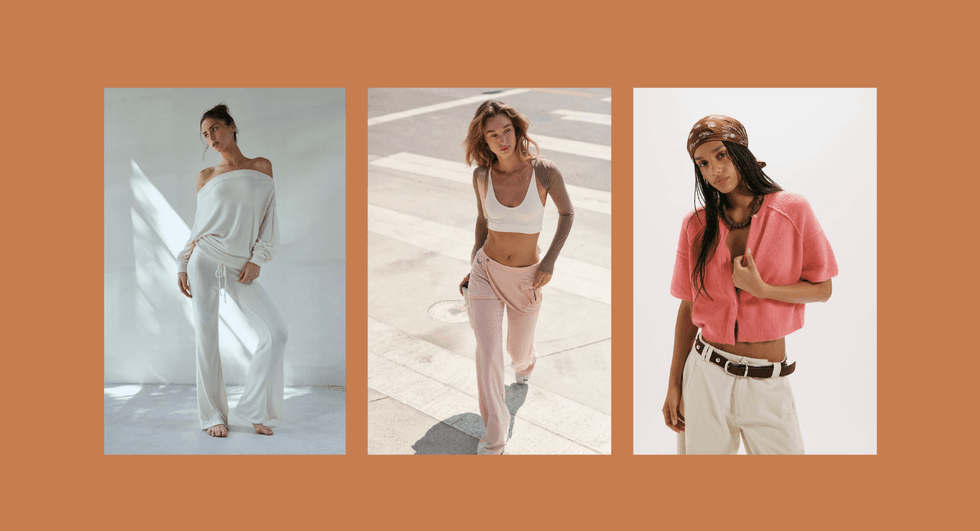 Three women modeling casual outfits in white and pink tones.