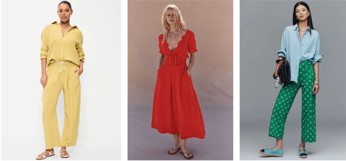 Three women modeling colorful summer outfits: yellow set, red dress, blue shirt with green pants.