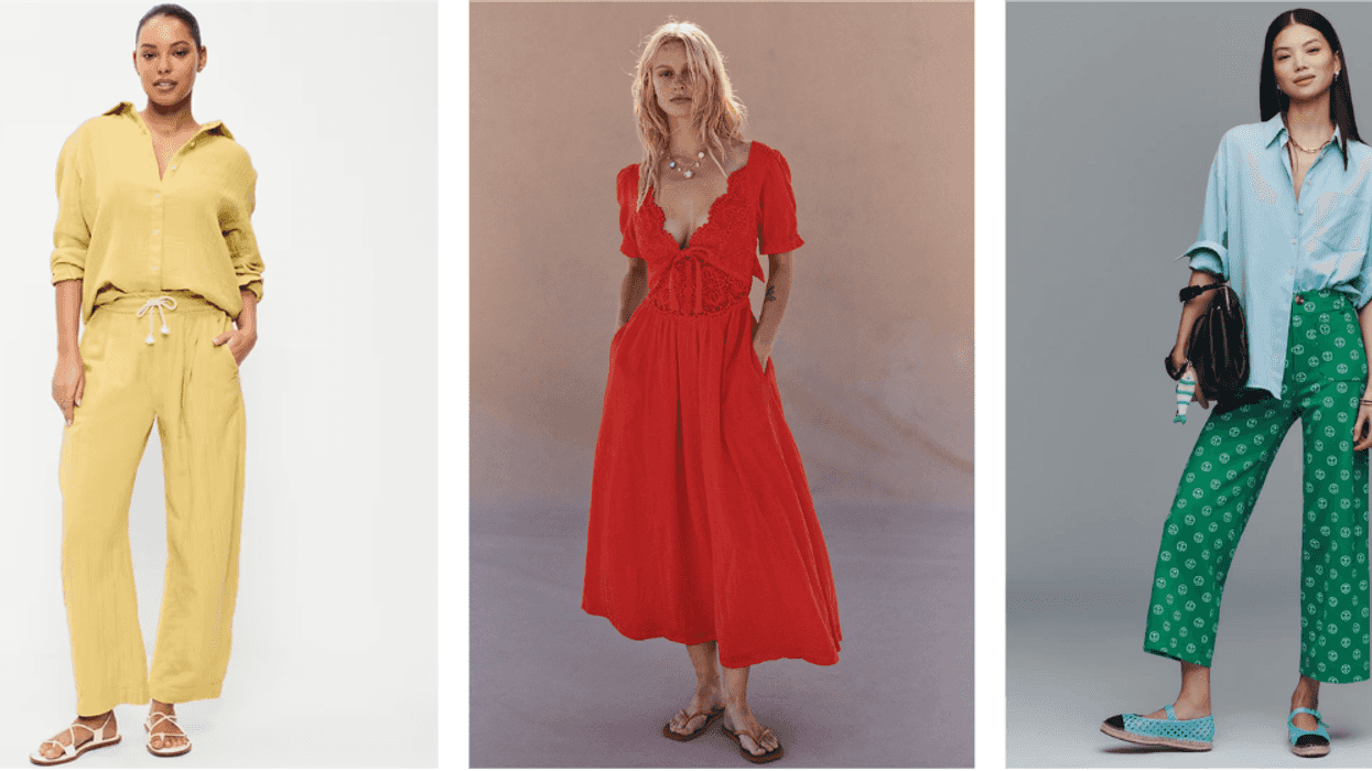 Three women modeling colorful summer outfits: yellow set, red dress, blue shirt with green pants.