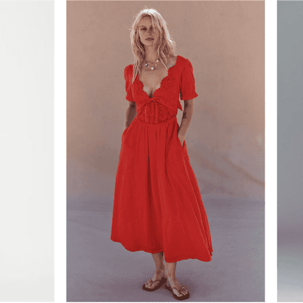 Three women modeling colorful summer outfits: yellow set, red dress, blue shirt with green pants.