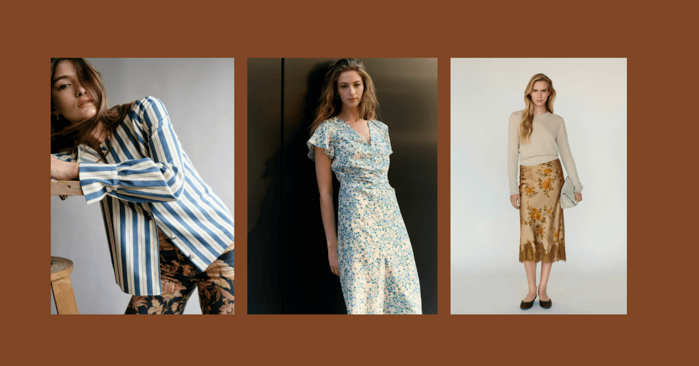 Three women modeling diverse floral and patterned fashion ensembles.
