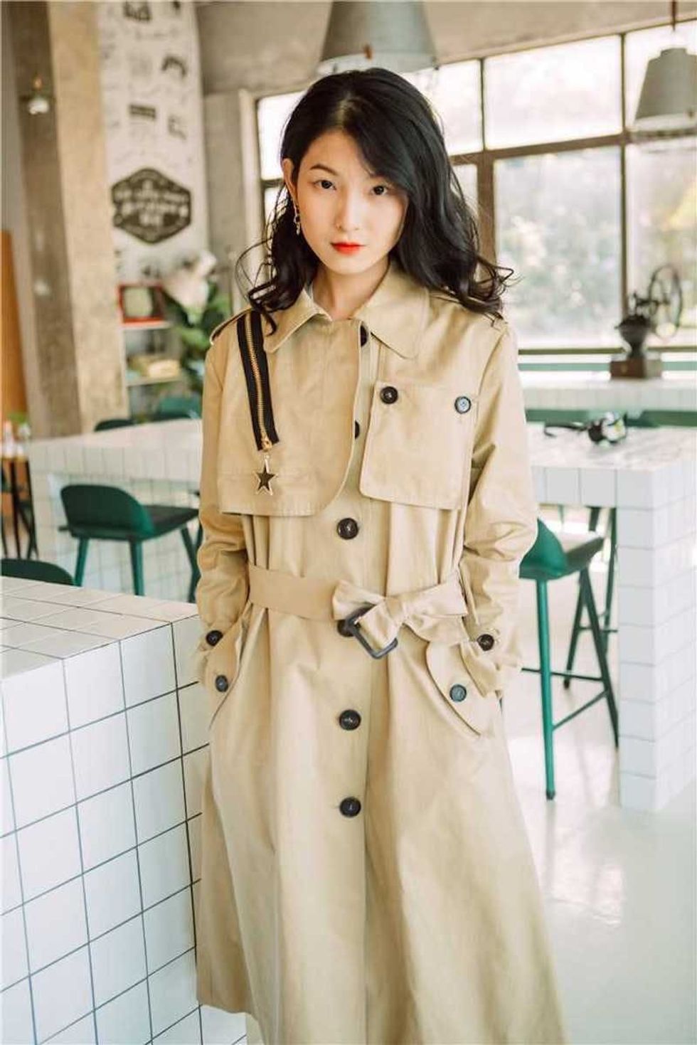Tictail Belted Khaki Trench Coat Embellished With Metallic Stars