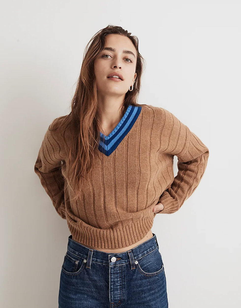 Tipped V-Neck Oversized Sweater