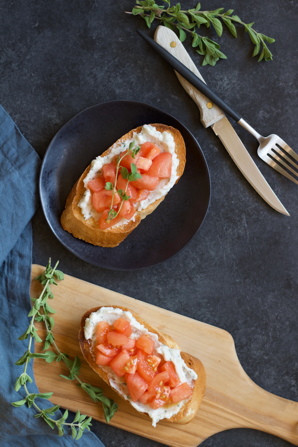 Toast with Oregano-Truffle Cream Cheese and Olive Oil Tossed Tomatoes