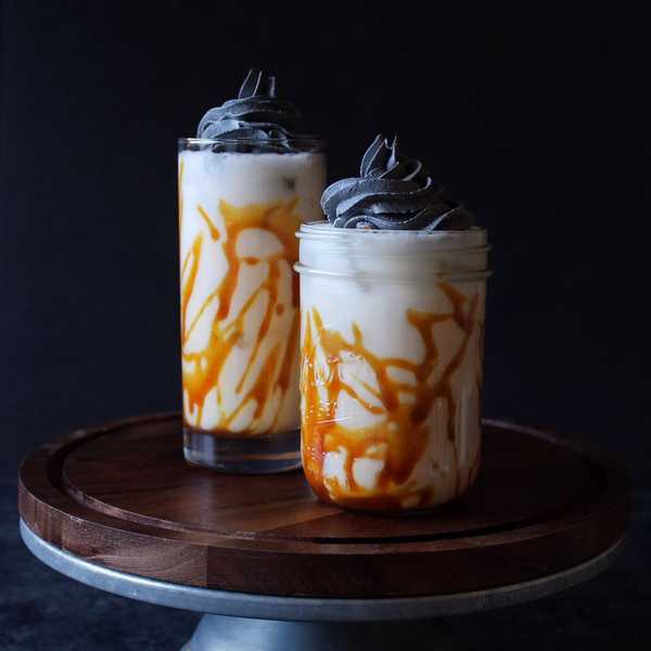 Toasted Rice Horchata with Salted Caramel Drizzle and Coconut Charcoal Whipped Cream