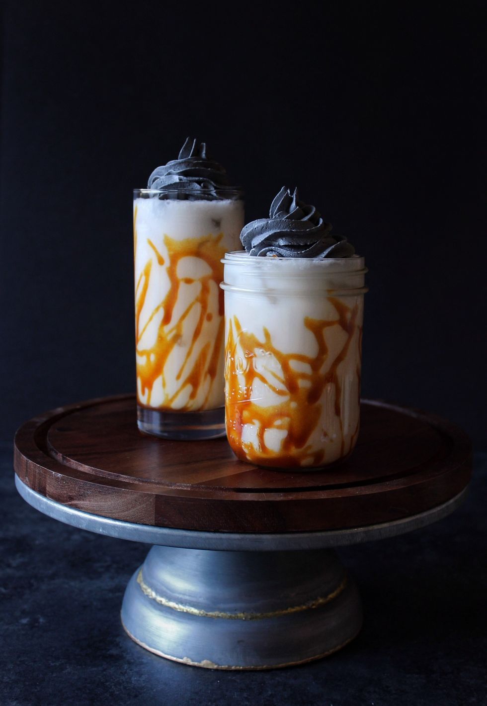 Toasted Rice Horchata with Salted Caramel Drizzle and Coconut Charcoal Whipped Cream