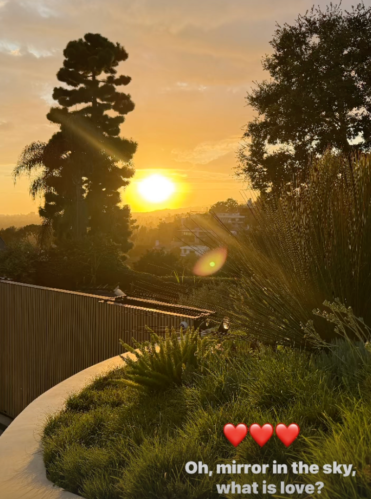 tom brady's instagram story of a sunset with the lyrics "oh mirror in the sky, what is love"