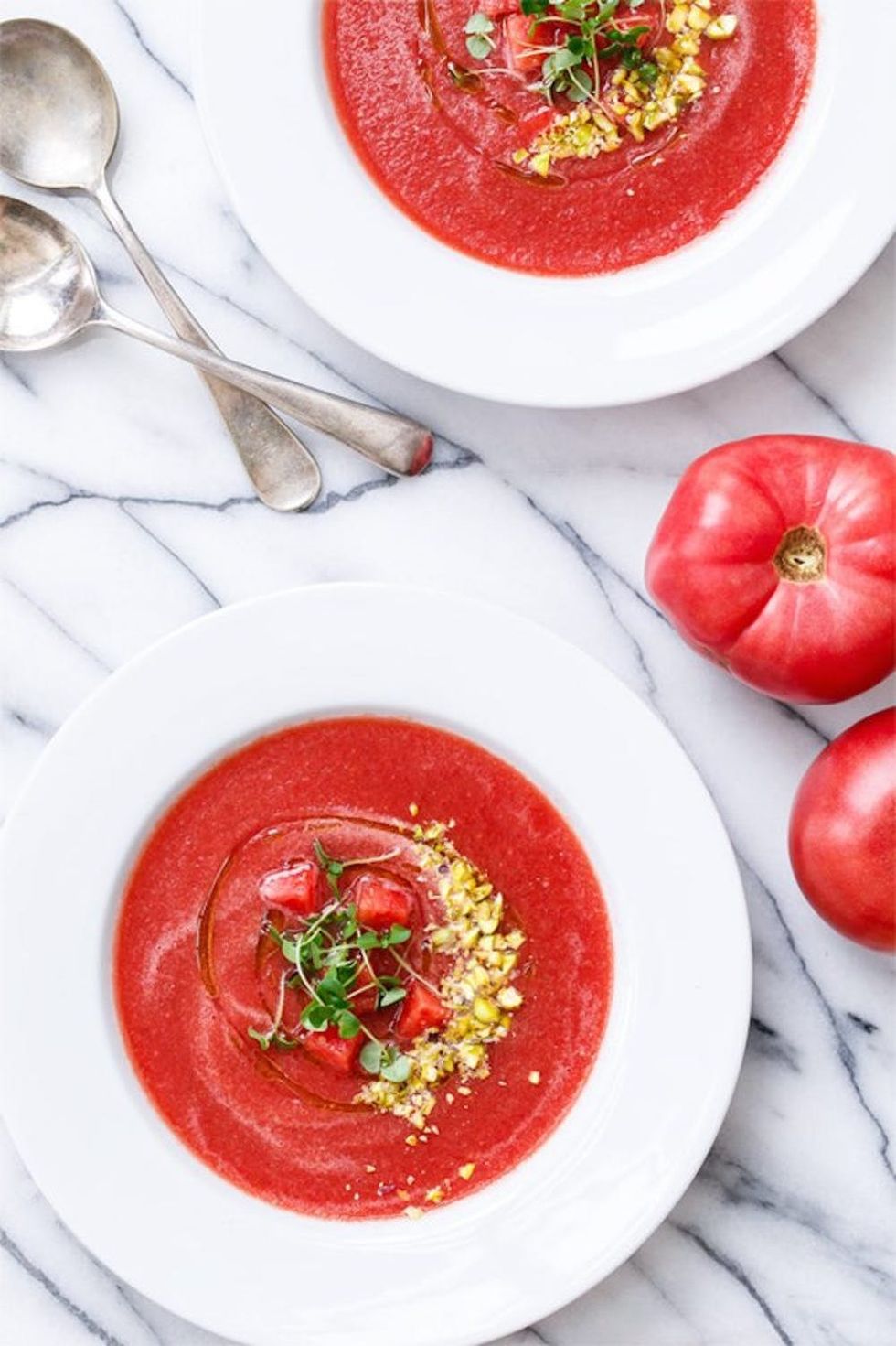 Tomato-Watermelon Gazpacho With Pistachios and Basil Oil